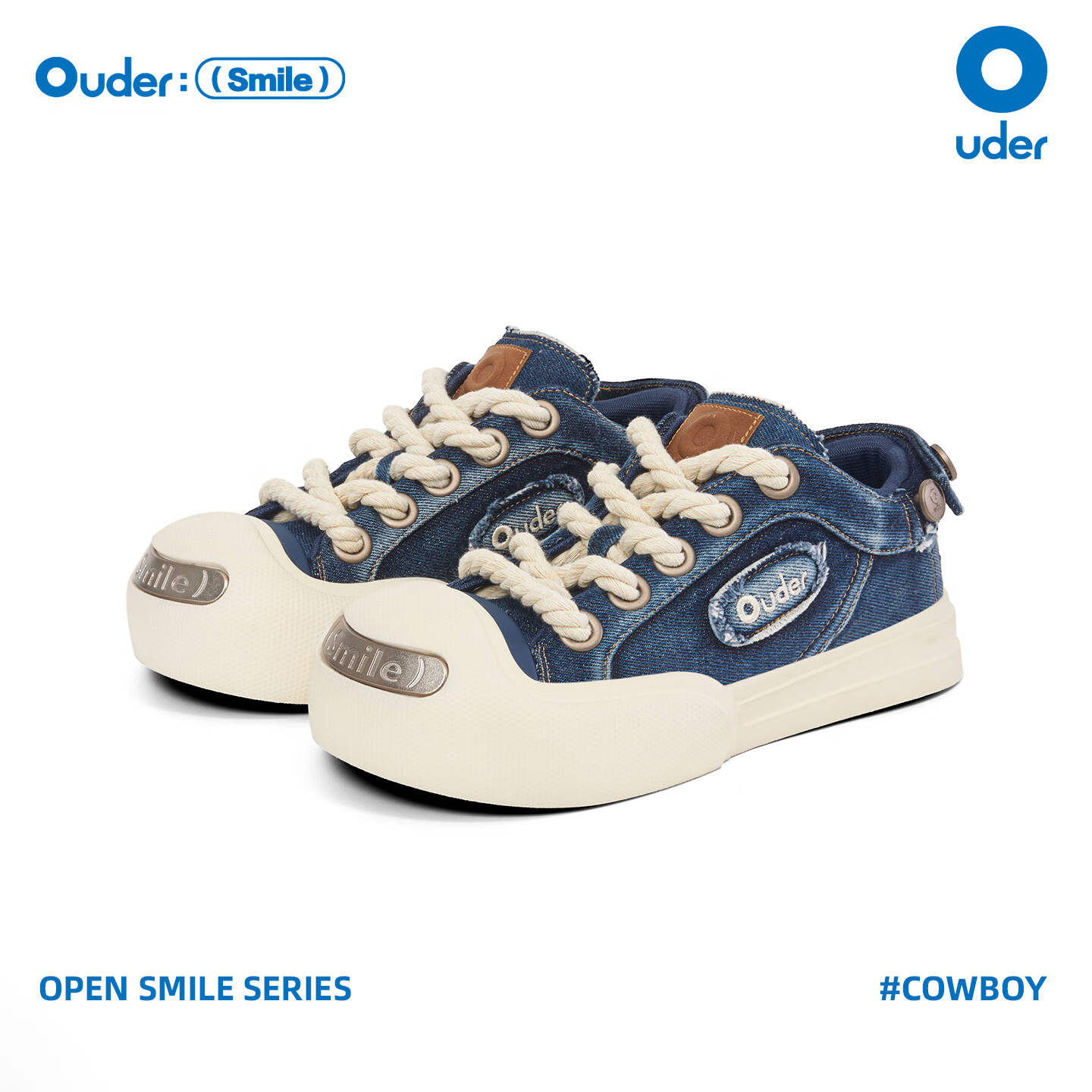 Oudersmiler开口笑帆布鞋新款增高厚底丑萌圆头板鞋牛仔蓝大头鞋 牛仔蓝 34