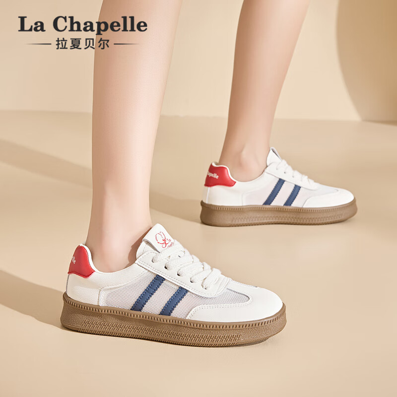 拉夏贝尔女鞋徳训鞋女网面透气小白鞋低帮厚底轻便简约休闲徳训鞋子女 蓝红 37