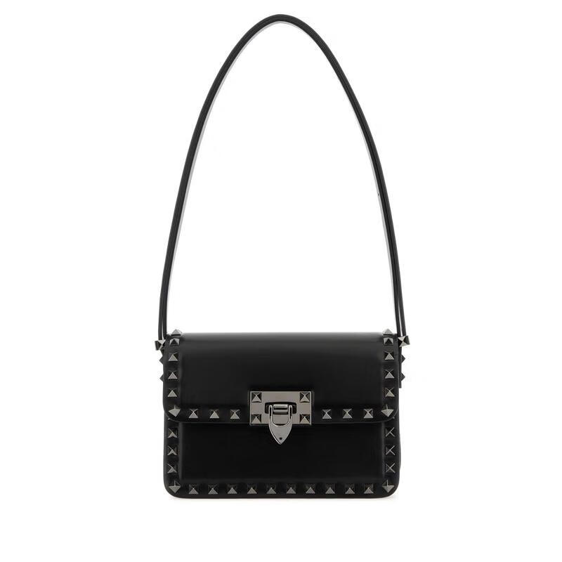 華倫天奴女士真皮鉚釘肩背包時(shí)尚百搭配飾金屬質(zhì)感手提斜挎包 BLACK TU