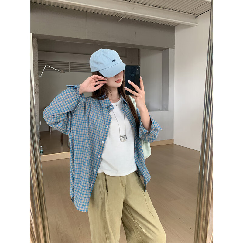 【优选】格子衬衫长袖t恤女秋季甜美独特别致显瘦宽松外套上衣 蓝色 S