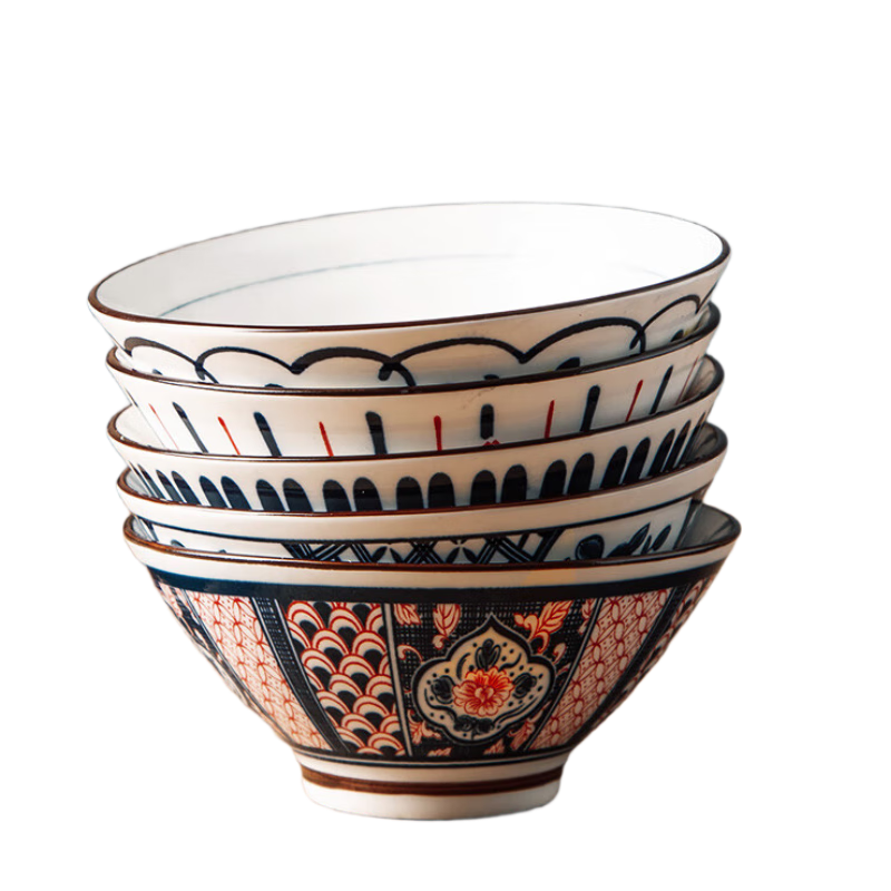 億嘉（IJARL） 陶瓷碗飯碗中式釉下彩家用高腳防燙甜品碗盛湯水果碗 5英寸5只裝