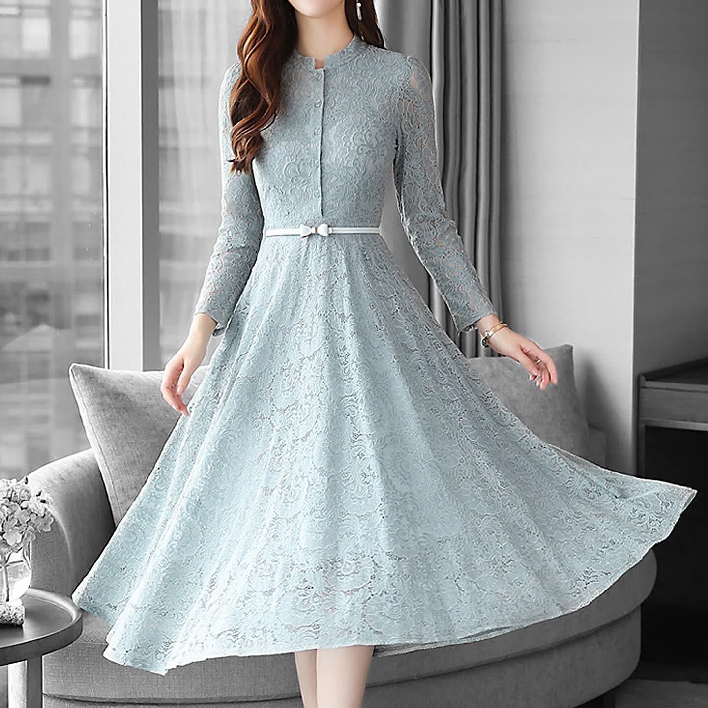 轻奢高端新款小个子气质长袖打底中长裙修身显瘦蕾丝连衣裙 蓝灰色