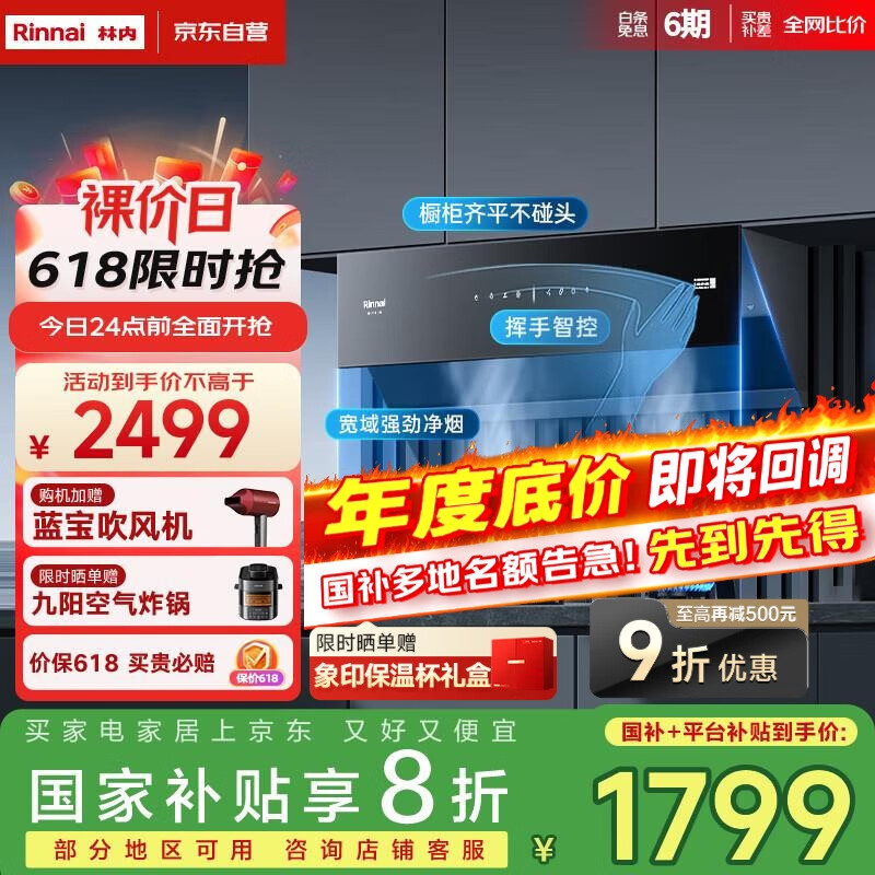 林内(Rinnai)【鲸吨吨】抽油烟机【家电国家补贴20%】侧吸式家用吸排烟机24m³风量大吸力 挥手智控自清洁NH10JD