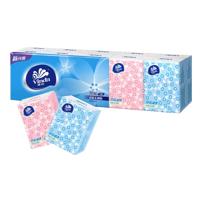 维达（Vinda）细韧手帕纸 餐巾纸 面巾纸 擦手 便携小包无香纸巾 亲肤无刺激 3层 8片 10包 1条