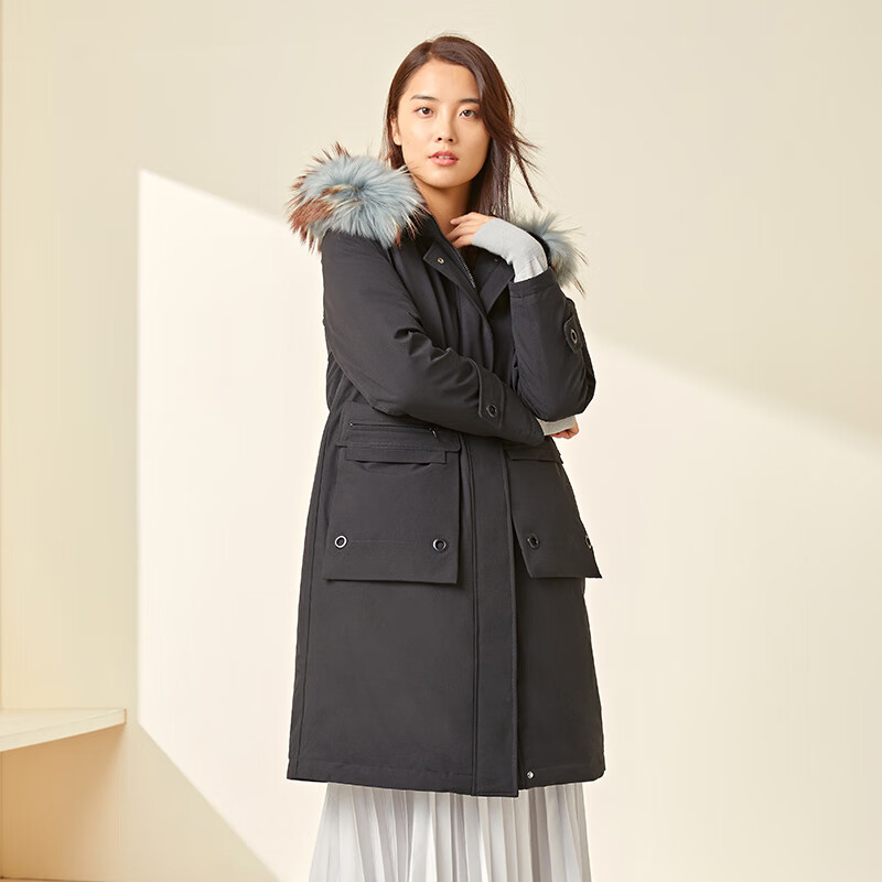 千仞岗秋冬季羽绒服女中长款连帽大毛领外套百搭休闲气质大牌保暖防寒服 魔力黑 L (170)