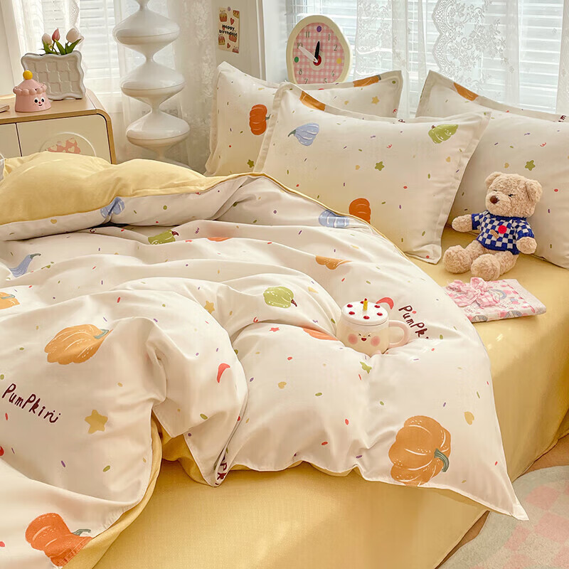 软贝小清新四件套 透气亲肤印花卡通简约田园风被套床单款套件 南瓜园 2.0m 床单款 四件套(被套200*230cm)