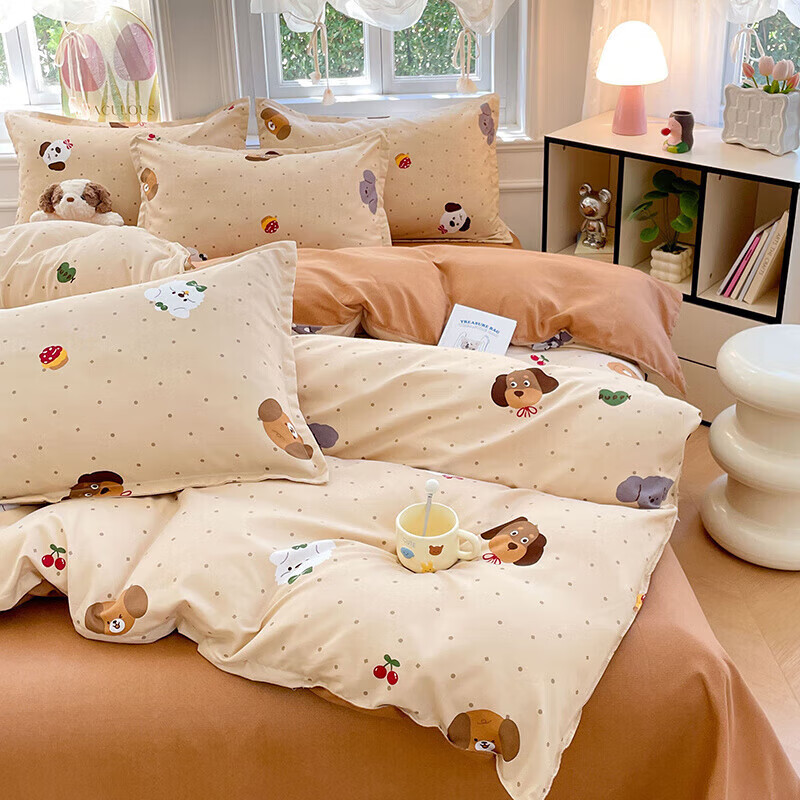 软贝小清新四件套 透气亲肤印花卡通简约田园风被套床单款套件 俏皮小狗 1.2m 床单款 三件套（被套150*200cm）