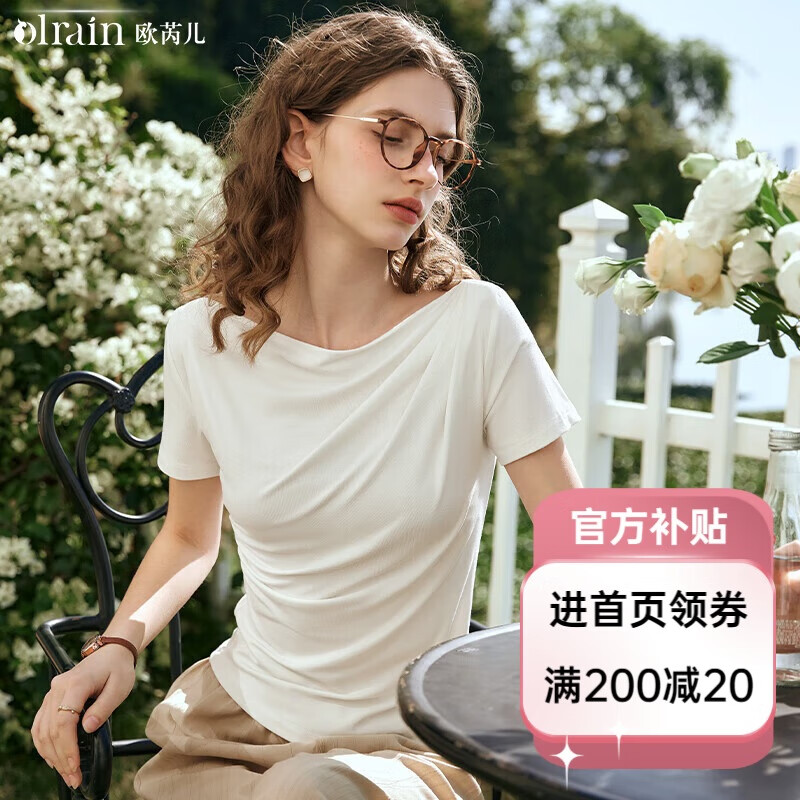 Olrain歐芮兒短袖T恤女裝夏季時尚簡約一字肩抽褶彈力上衣 奶白色 L