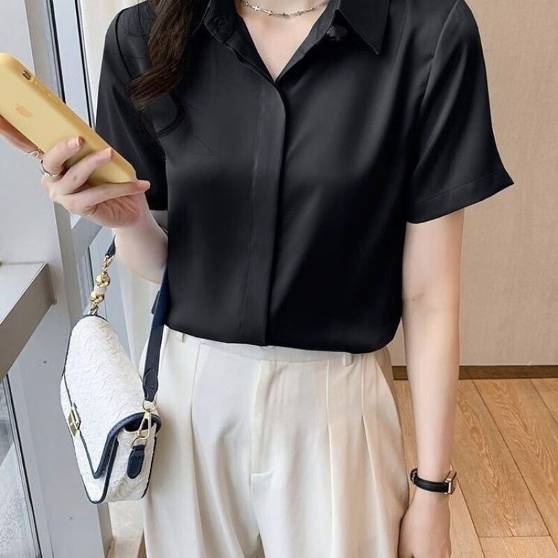 【优选好物】雪纺衬衫女夏季2025新款气质显瘦轻熟职业衬衣polo领 蓝色短袖 S