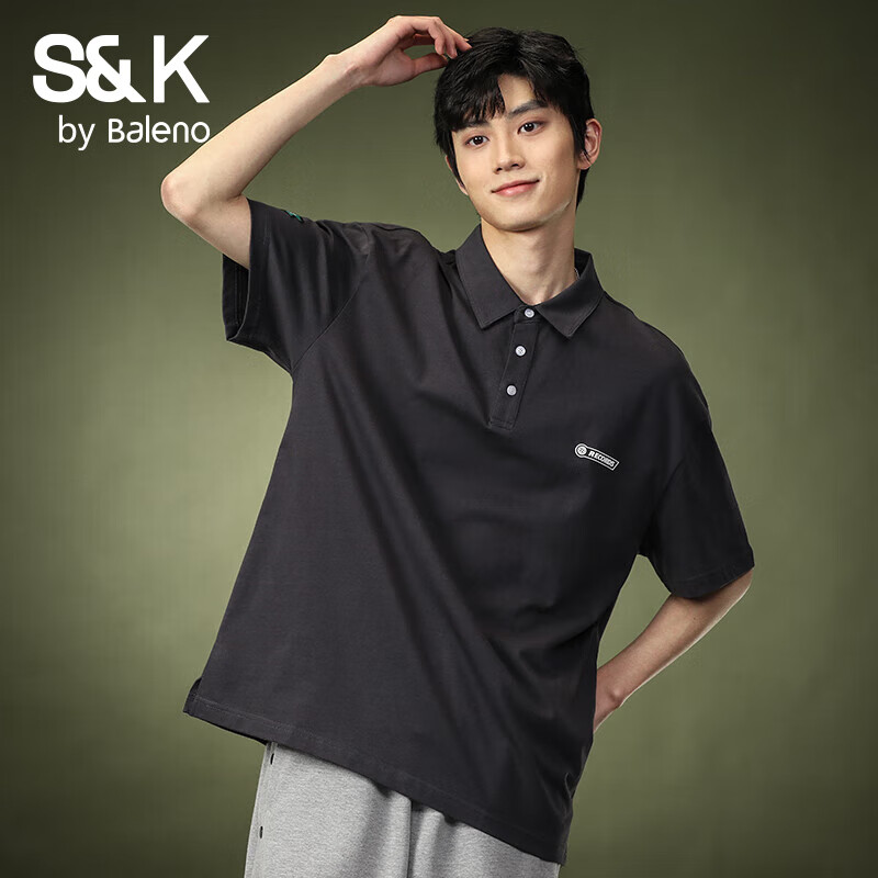 班尼路（Baleno）S&amp;K系列美式重磅宽松翻领短袖POLO衫男2025夏新款潮牌休闲上衣T恤 灰色 2XL 码 适合160-180斤