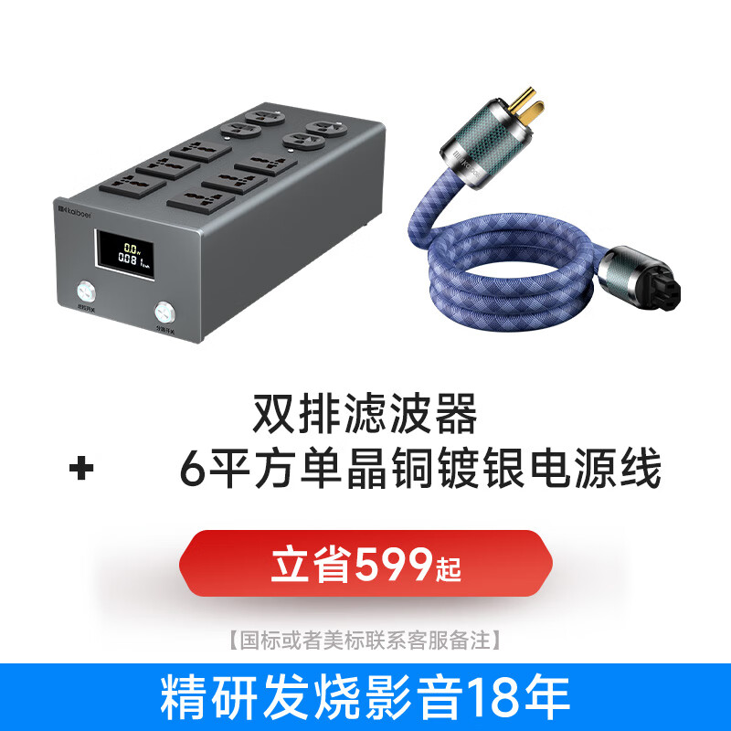 開博爾 發(fā)燒電源線 6N單晶銅鍍銀功放電源線 HIFI音箱膽機CD解碼功放音響播放器專用音頻升級線 雙排電源濾波器+1條6平方單晶銅鍍銀電源線 1.5米