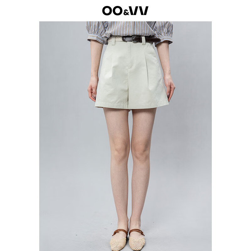 OO&VV纯棉休闲短裤女2025夏新款阔腿宽松配腰带薄款显高显瘦女裤 杏仁米 S