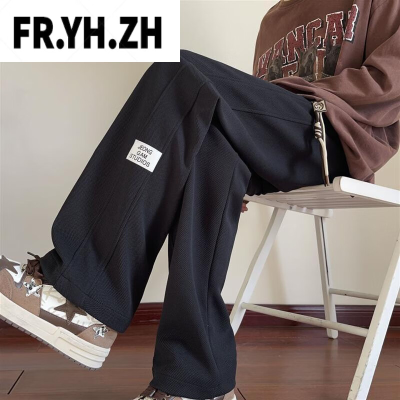 FR.YH.ZH不洗脚先生男装新款潮流抽绳直筒休闲裤男女百搭卫裤 黑色 M 80-110斤