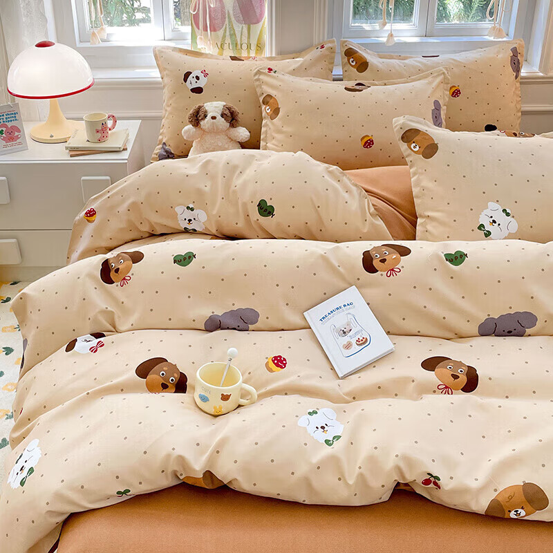 软贝小清新四件套 透气亲肤印花卡通简约田园风被套床单款套件 俏皮小狗 1.2m 床单款 三件套（被套150*200cm）