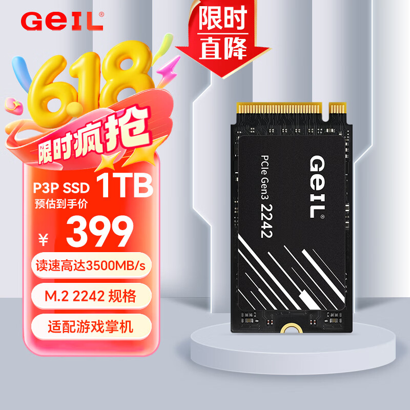 GEIL金邦 1TB SSD固态硬盘M.2接口PCIe 3.0（NVMe协议）2242短板 掌机游戏 高速3500MB/S P3P系列