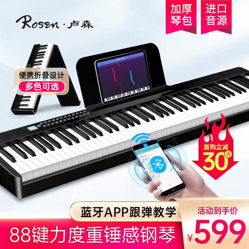 卢森（Rosen）P26电子琴88键成人便携式折叠电钢键盘儿童初学者智能手卷乐器 经典黑【全套配件+智能跟弹】