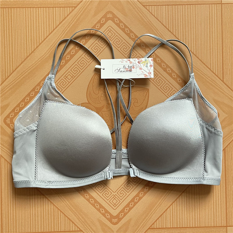 前面带拉链的前扣冰丝无痕无钢圈胸罩轻木前扣文胸无痕聚拢上托调整型