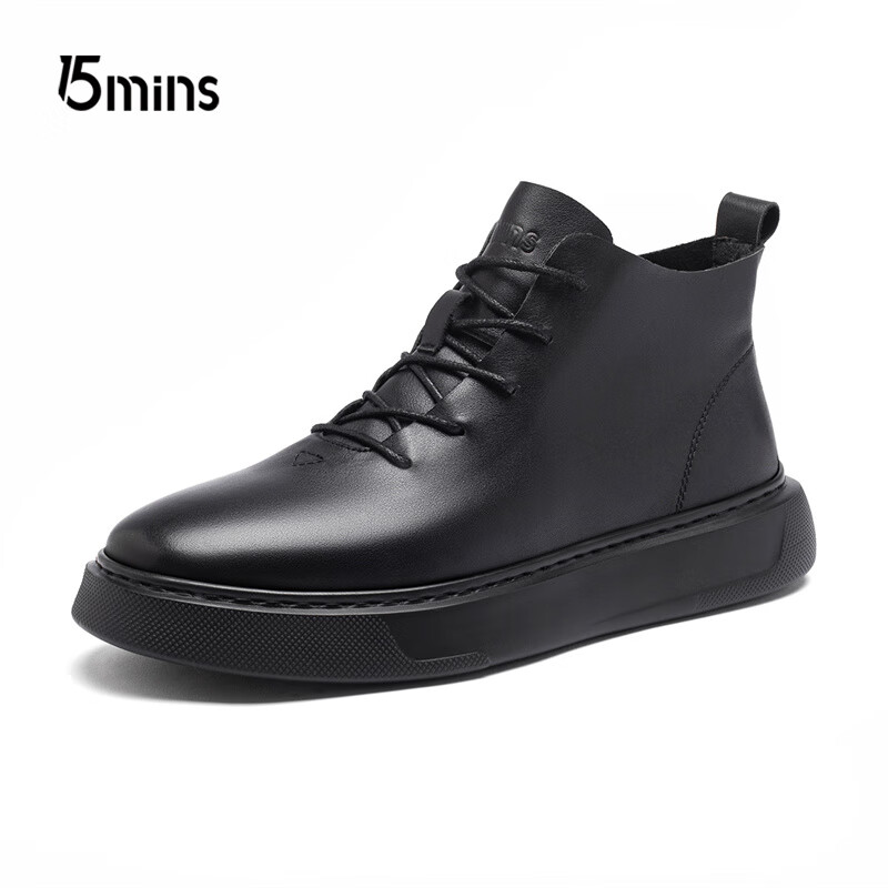 15分钟头层牛皮男士休闲鞋高帮潮流时尚男靴厚底增高男鞋 E2399 黑色 40