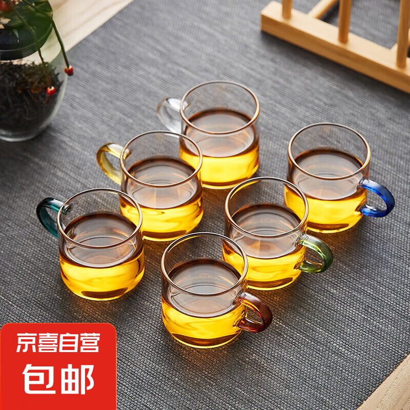 玻璃彩色把手杯品茗杯花茶套装茶杯防爆耐热透明玻璃小把杯六色杯 4只装（透明把）