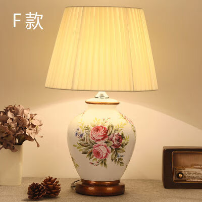 合氏臺燈臥室床頭燈客廳美式復(fù)古新中式歐式田園溫馨創(chuàng)意遙控陶瓷臺燈 F款白色 按鈕開關(guān)