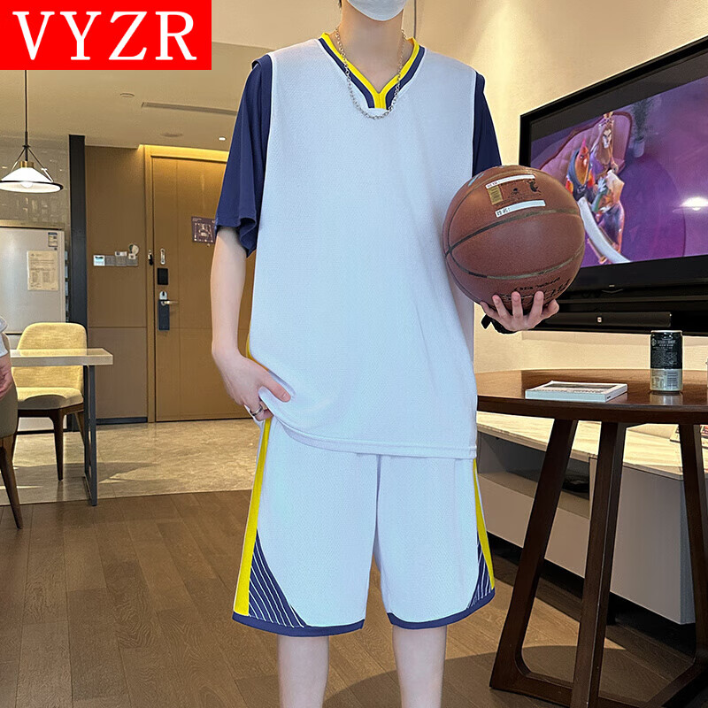 VYZR篮球服套装男速干衣冰丝T恤短袖短裤跑步夏季运动健身衣羽毛球服 白色 L