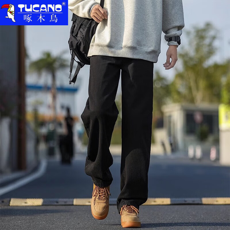 啄木鸟牛仔裤男2026春秋季潮流宽松直筒裤男青少年美式高街阔腿裤子男 黑灰色常规 XL 建议130-150斤