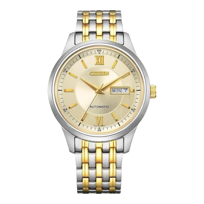 西鐵城【日本直郵】男士機械手表 日星雙顯鋼帶防水商務(wù)自動腕表 NY4057-63P【銀色/金色】