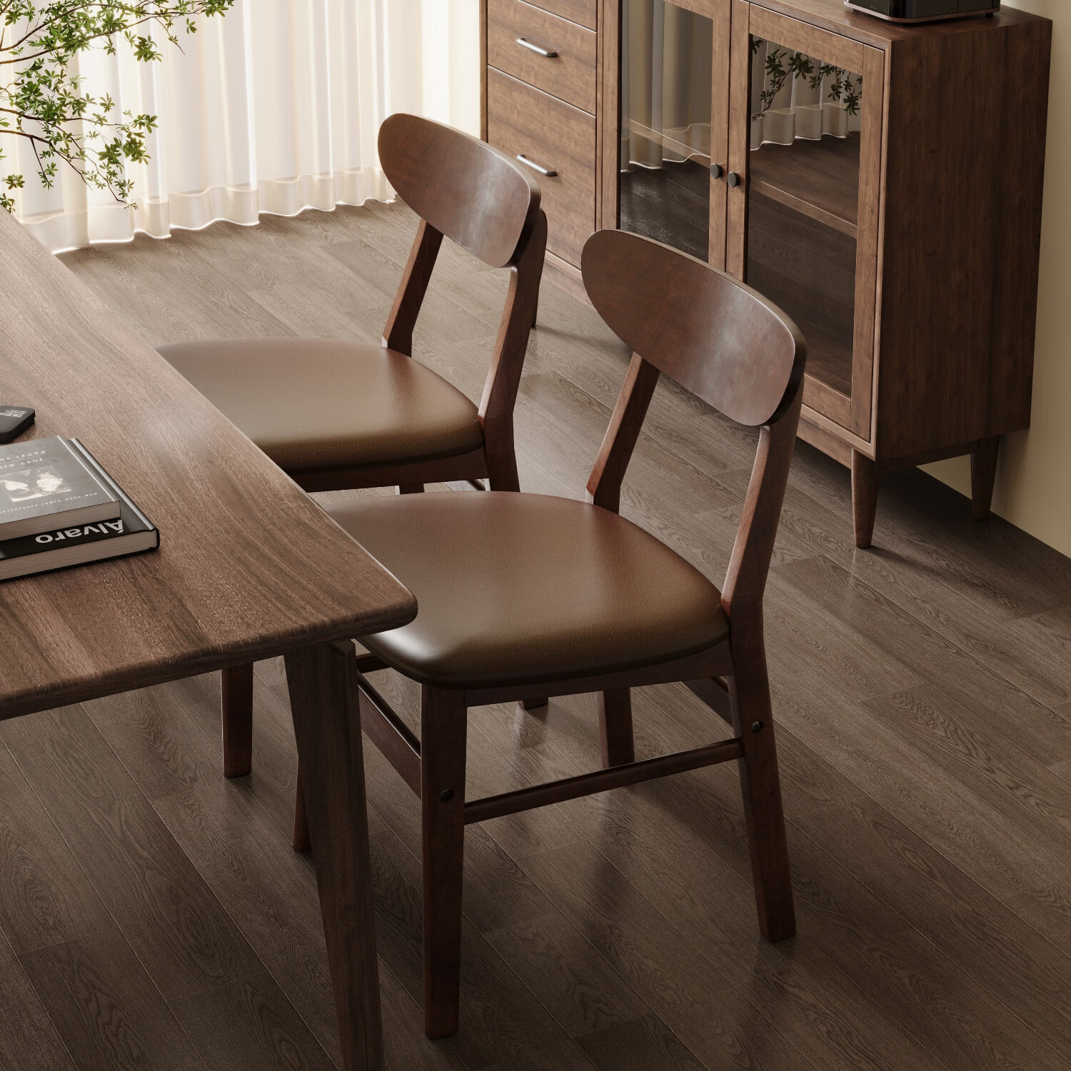 林之语实木椅子餐椅家用餐桌椅简约软包靠背椅复古中式茶桌椅休闲椅凳子 【2把装】胡桃色+棕色油蜡皮*2 整装入户免安装