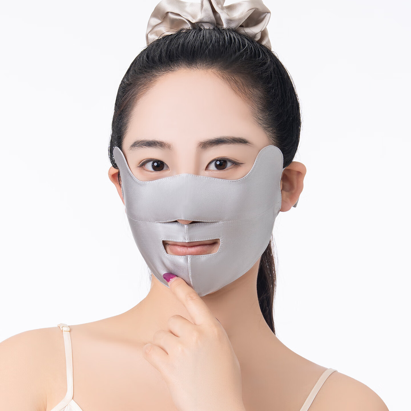 爱丝玉真丝防晒面罩薄款夏季凉感口罩防晒防紫外线女士漏嘴可喝奶茶喝水 【浅灰】口鼻开孔面罩 双面真丝