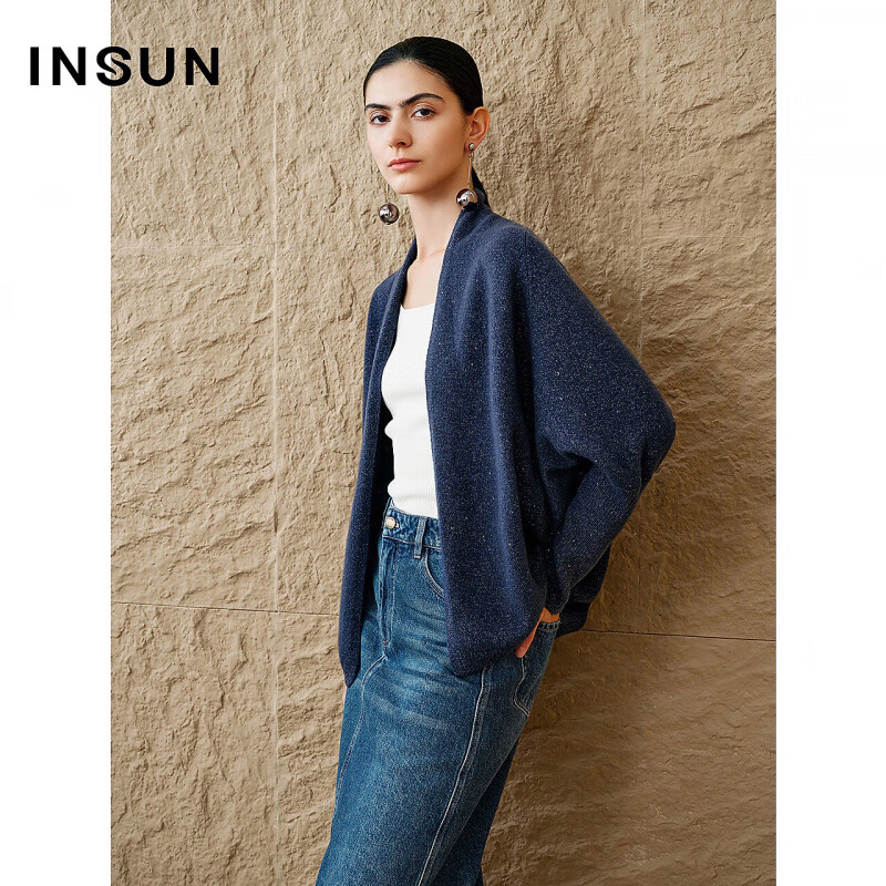 INSUN恩裳专选秋季女装「美丽诺」羊毛珠片蝙蝠袖针织开衫 藏蓝 M 38