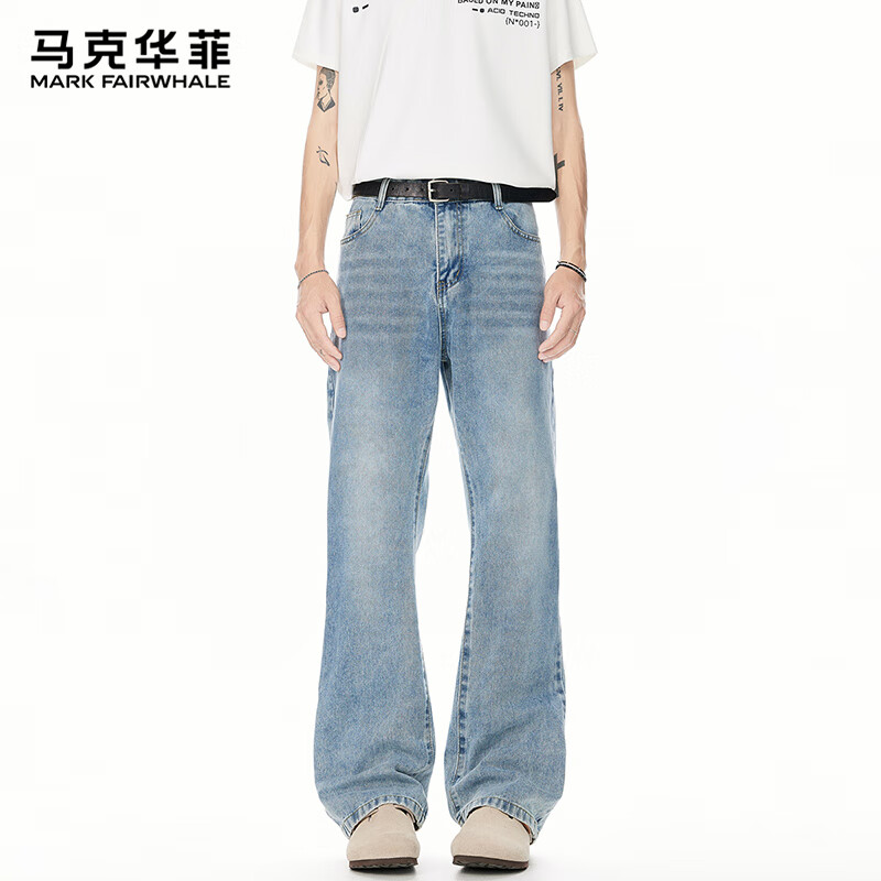 马克华菲复古水洗牛仔裤男士夏2025夏季新款青年直筒宽松阔腿裤 浅蓝色L