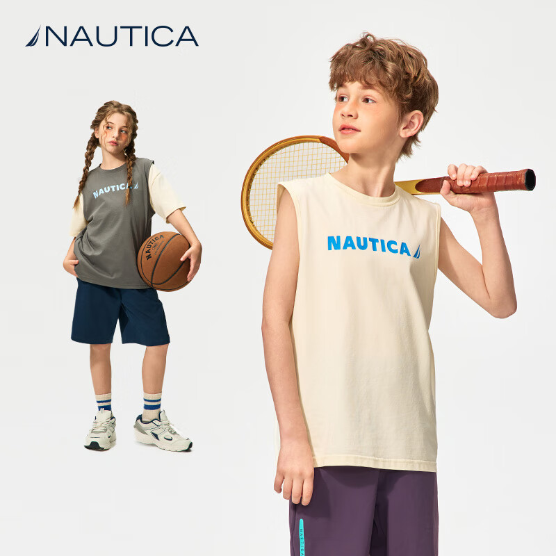NAUTICA诺帝卡【索罗娜凉感】童装男童女童运动背心大童夏季上衣衣服透气 米白 170