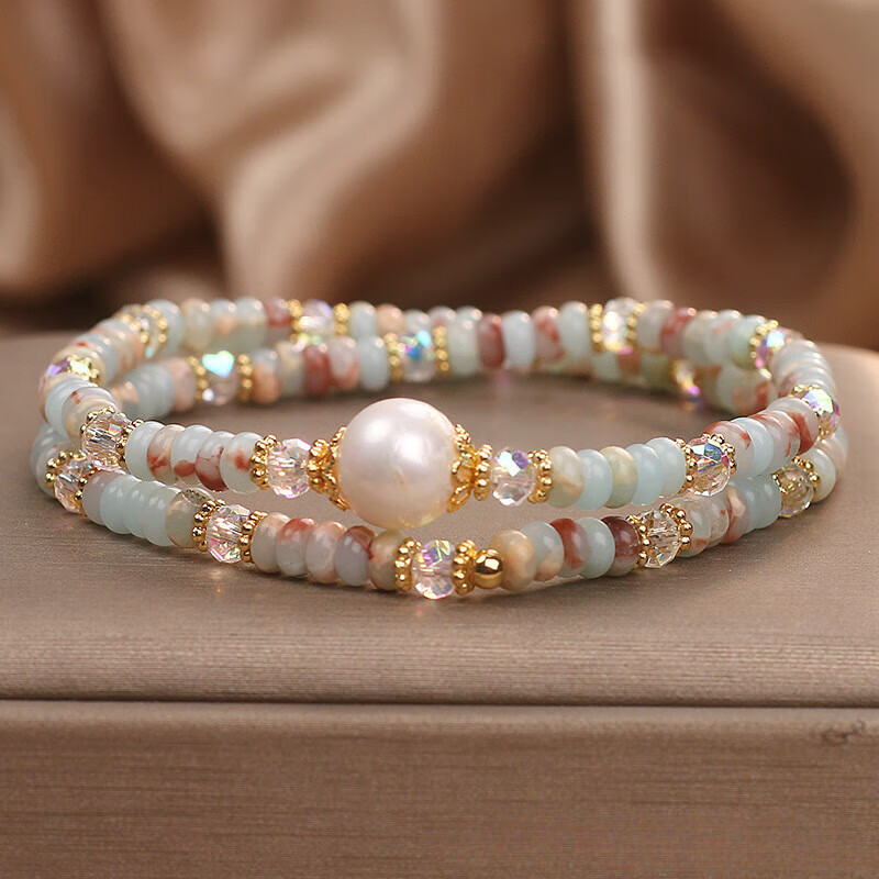 花饰庄园石文艺复古森系双圈淡水珍珠复古波西米亚手链 浅蓝色