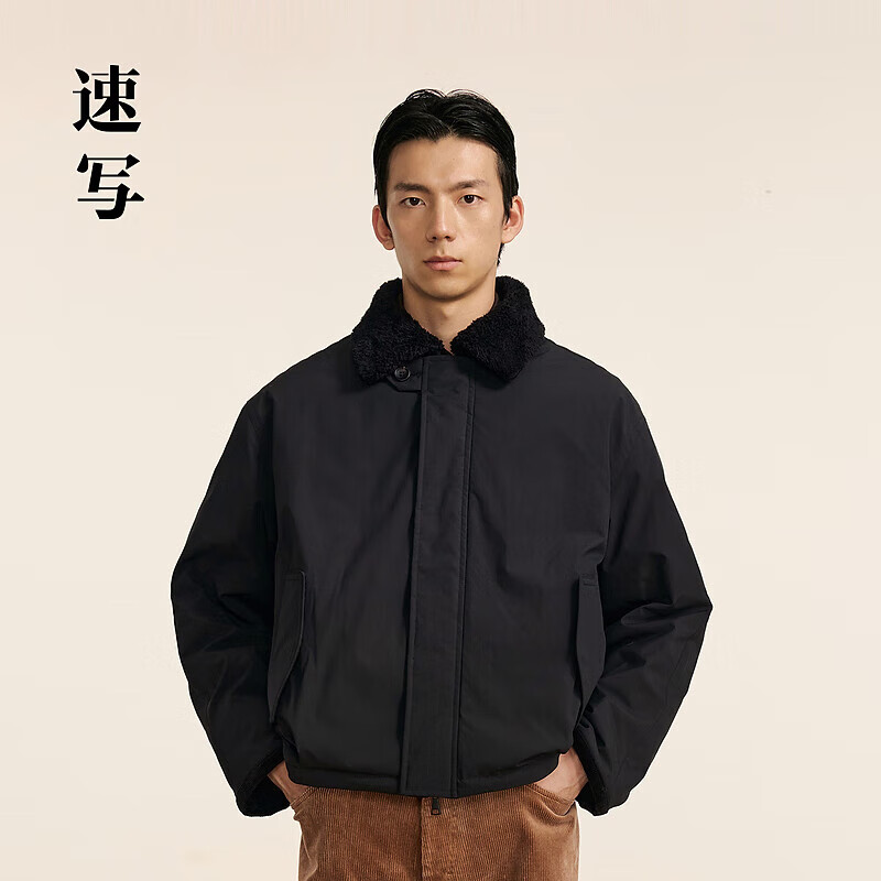 速写男装商场同款2024冬新品夹克宽松翻领立绒长袖 003特黑 M