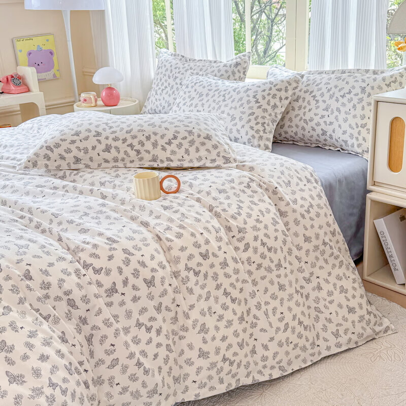 软贝 小清新四件套 透气亲肤 印花卡通简约田园套件被套床单床上用品 翩翩起舞 2.0m 床单款 四件套（被套200*230cm）