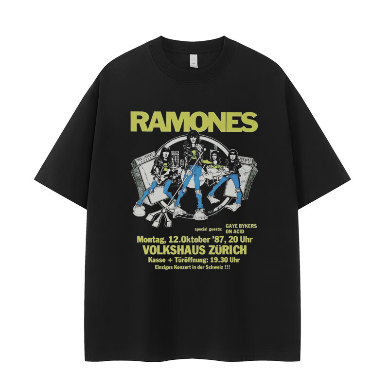 皇古迪Ramones雷蒙斯乐队复古人像美式街头小众设计感朋克摇滚短袖T恤衫 黑色 S