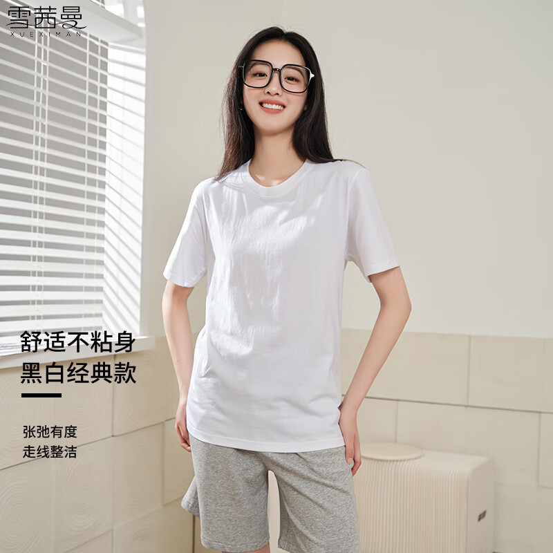 雪茜曼女装纯棉短袖t恤女春夏季经典款宽松上衣半袖休闲T恤 黑色 M （推荐90-110斤）