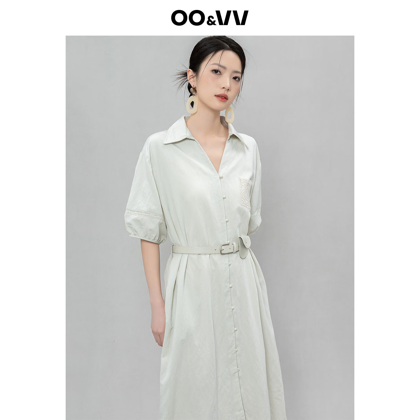 OO&VV法式蕾丝口袋休闲风衬衫领泡泡袖系带收腰长款连衣裙女夏新 莫奈灰 M