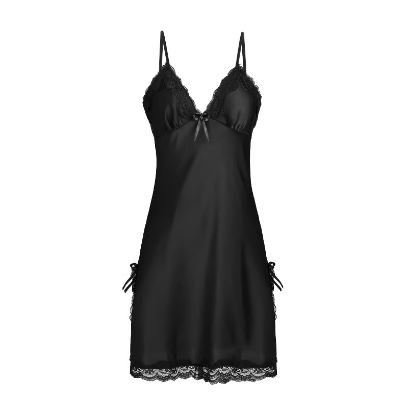 轻禾「月见」吊带睡衣女款性感纯欲风2024新款高级感V领睡裙家居服 黑色 均码 155cm-170cm/85斤-125斤