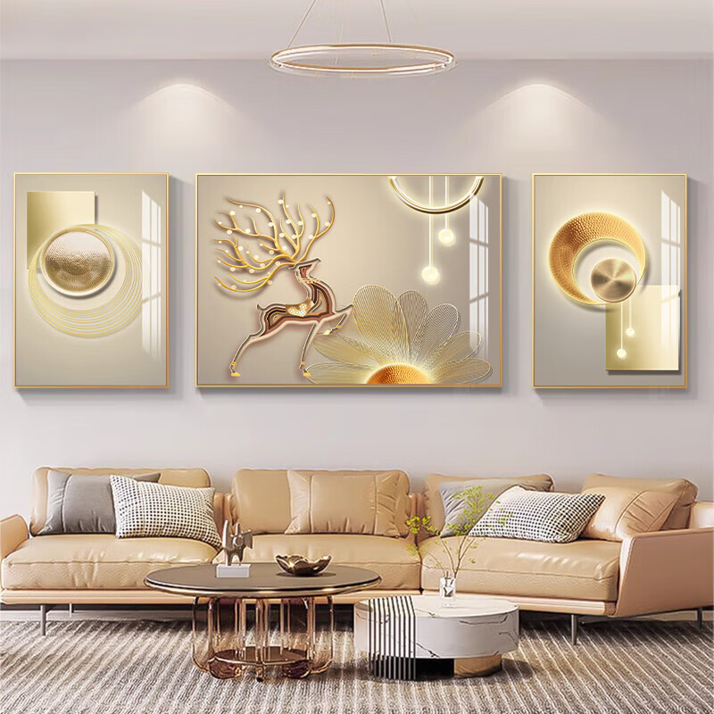 柳莺花燕轻奢新款沙发背景墙装饰画寓意好大气三联画现代简约客厅挂画 筑梦空间 小套(左右35X50+中70X50)亚光纹理 铝合金边框(默发金色框)