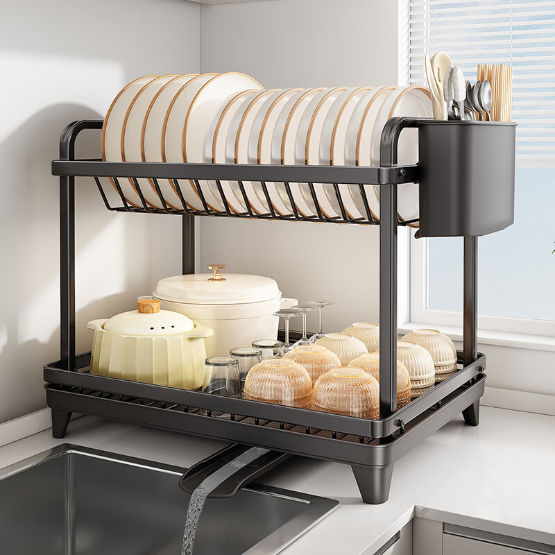 帥仕（shuaishi）廚房多功能碗盤置物架臺面碗架瀝水架籃碗具水槽邊收納架用具大全 【超高層高】360°旋轉(zhuǎn)導(dǎo)水+筷筒