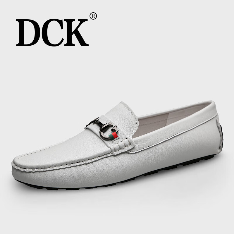 DCK男士商务休闲皮鞋男软皮软底真皮豆豆鞋男一脚蹬鞋子英伦皮鞋男鞋 白色 98516 45 (适合运动鞋46码)