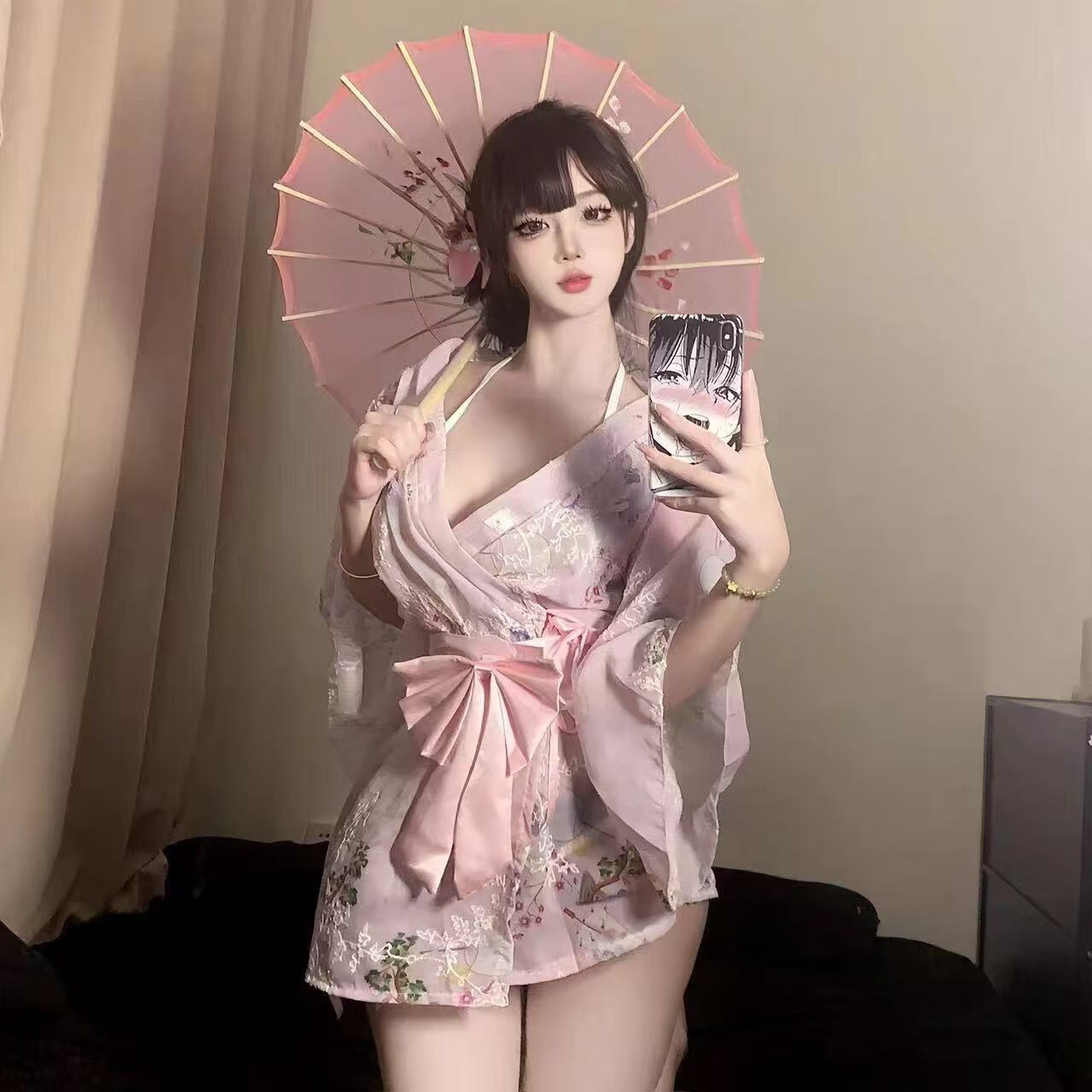 情趣内衣V领日系和服性感约会战袍新款绑带睡袍浴袍睡衣女家居服 粉花和服 均码