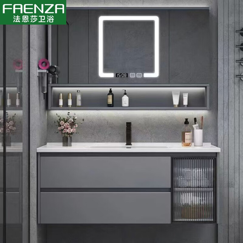 法恩莎（FAENZA）風(fēng)水鏡隱藏式浴室柜組合陶瓷一體盆簡(jiǎn)約衛生間洗臉盆柜組合洗漱臺 深灰色110厘米長(cháng)50寬智能風(fēng)水鏡 陶瓷盆
