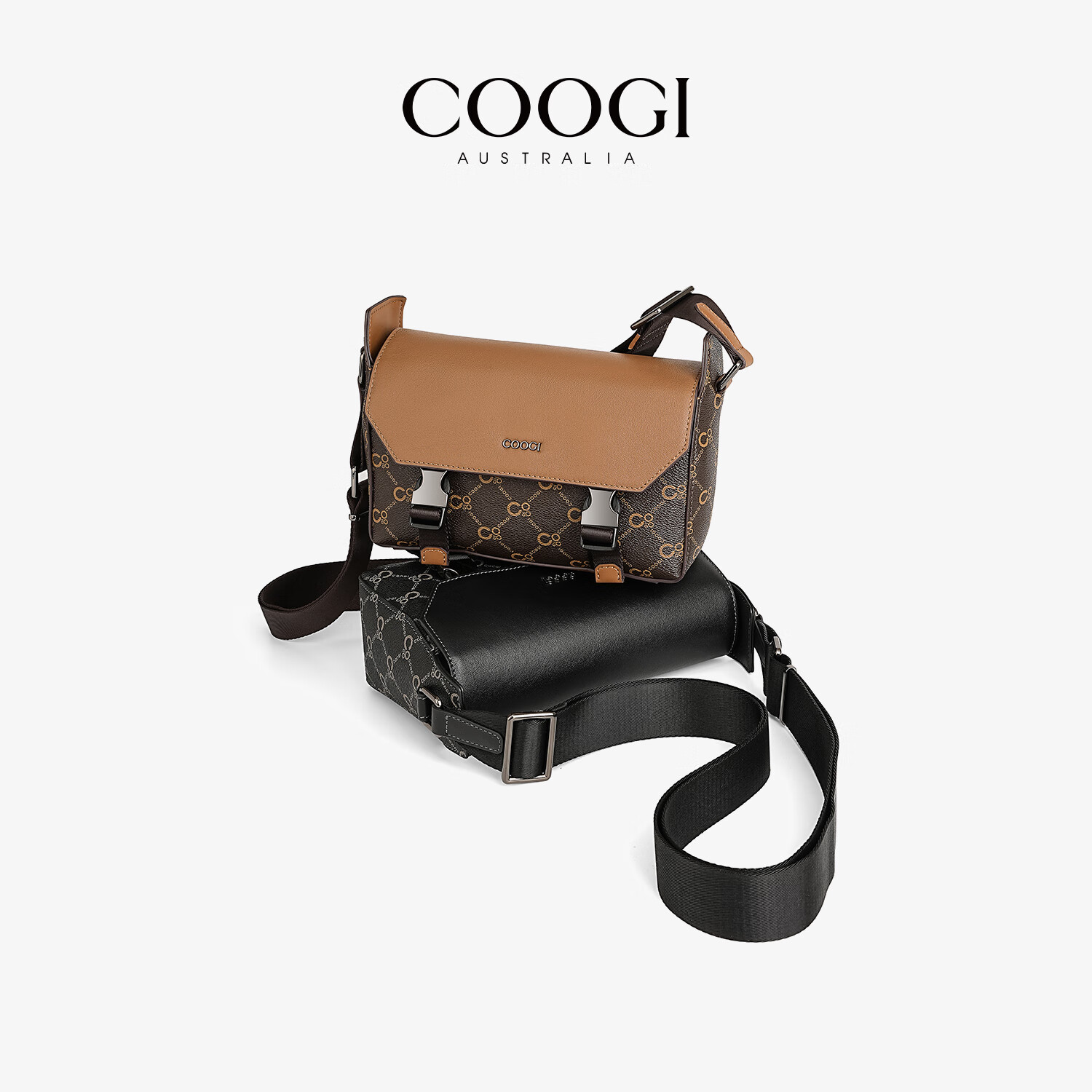 COOGI男士斜挎包轻奢旅行包通勤单肩背包大容量邮差电脑包相机包 咖啡色 22.5*8*17cm