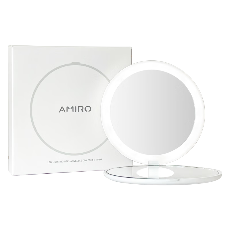 AMIRO覓光隨身化妝鏡帶燈便攜折疊led手持補(bǔ)光小鏡子 旅行出差高清補(bǔ)妝 生日禮物女實(shí)用