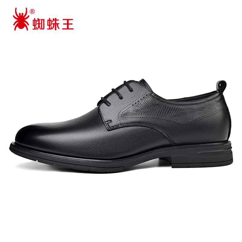 蜘蛛王男士商务正装德比鞋男春秋季真皮系带舒适上班办公鞋子 黑色 39
