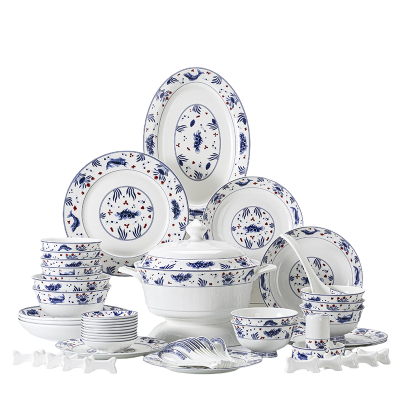 锦秋堂景德镇陶瓷器 新款青花瓷 骨瓷碗碟家用整套餐具套装釉下结婚送礼 1-6人用|洗碗机可用 28头