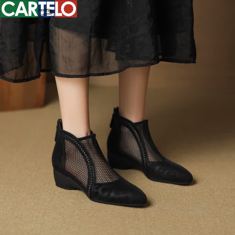 卡帝乐鳄鱼（CARTELO）复古尖头粗跟马丁靴网靴女2026夏季新款网纱高跟鞋女透气软底凉靴 黑色 偏小半码 36