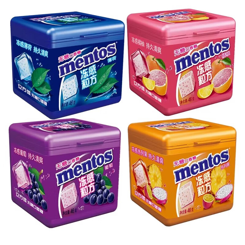曼妥思（mentos）無(wú)糖口香糖動(dòng)感立方多口味接吻糖持久清新口氣糖果泡泡糖 凍感立方4罐【薄荷1+橘柚1+葡萄1+熱烈果1】